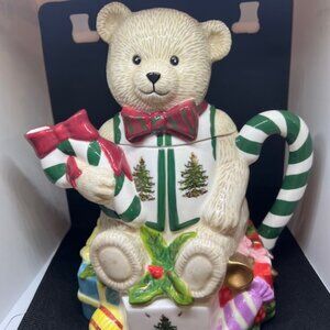 🧸 Spode Christmas Tree Teddy Bear Teapot Handpainted – Holiday Figurine – 9”